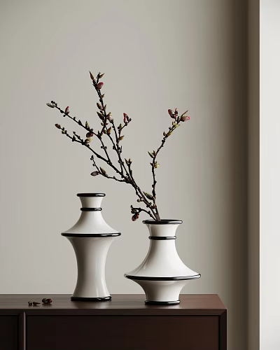 White Ceramic Vases With Black Trim In Interior Corner Featuring Branches And Red Blossoms 3d model
