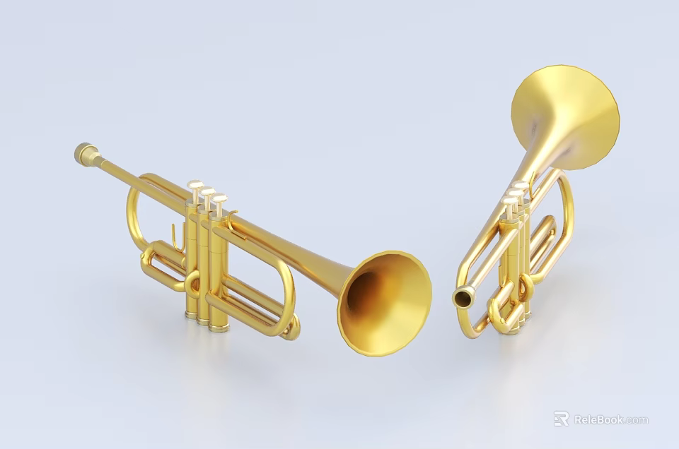 Two Shiny Golden Brass Trumpets As Musical Instruments For Performance Use 3d model 