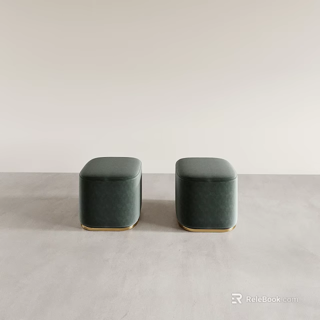 Elegant Green Velvet Sofa Stools with Golden Trim on Light Gray Floor and White Wall 3d model 