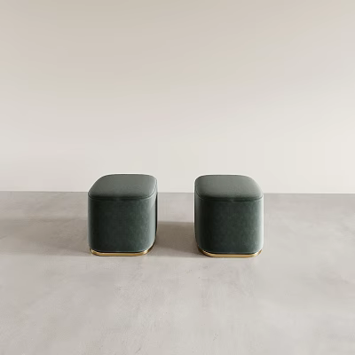 Elegant Green Velvet Sofa Stools with Golden Trim on Light Gray Floor and White Wall 3d model