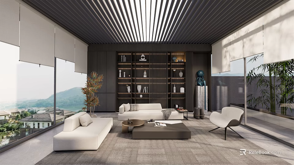Modern Living Room Interior With White Sofas Bookshelf Wooden Slatted Ceiling And Mountain View 3d model 