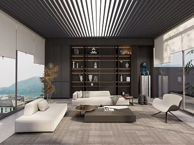 Modern Living Room Interior With White Sofas Bookshelf Wooden Slatted Ceiling And Mountain View 3d model