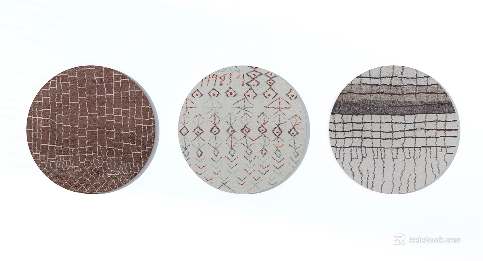 Round Rugs With Brown Grid Pattern White Geometric Motifs And Gray Striped Designs 3d model 