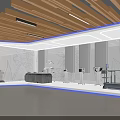 Contemporary Interior Space With Wooden Ceiling Blue Accent Lines White Walls Patterned Decor And Equipment