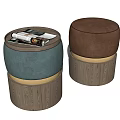Stylish Blue and Brown Ottoman with Wooden Base Fabric Upholstery and Magazines
