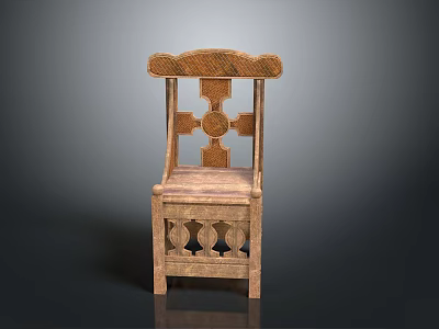 Traditional Wooden Chair With Carved Cross Backrest And Hollowed Legs Design 3d model