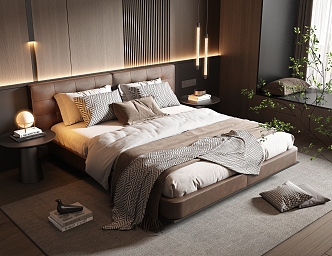 Minotti Bedroom Leather Double Bed Fabric Double Bed Small Chandelier Dark Italian Style Light Luxury 3d model