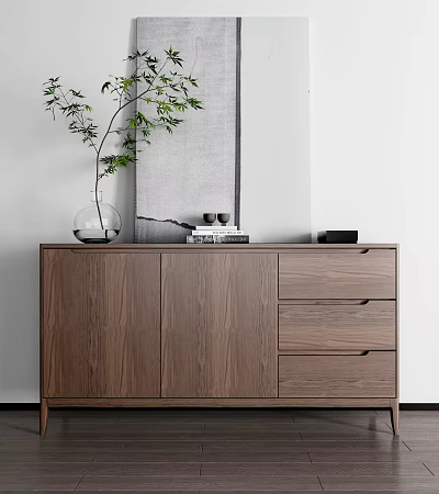 Modern Wooden Entryway Cabinet Sideboard With Drawers Doors Vase Books And Decorative Items 3d model