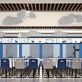 Modern Canteen Interior With Blue Pillars Cloud Shaped Lights And Chairs 3d model