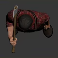 A Man Wearing Red Plaid Shirt And Suspenders Holding Axe With Hat