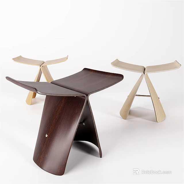 Modern Design Stools With Curved Seat And Cross Legs Dark Brown Front Light Beige Back 3d model 
