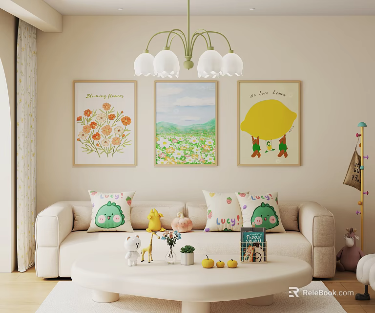 Cozy Bright Living Room Interior With Beige Sofa Decorative Paintings Chandelier And Round Coffee Table 3d model 
