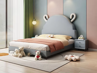Kids Bed With Gray Sheep Horn Headboard Yellow Pink Bedding Plush Toys In Cozy Bedroom 3d model