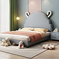 Kids Bed With Gray Sheep Horn Headboard Yellow Pink Bedding Plush Toys In Cozy Bedroom