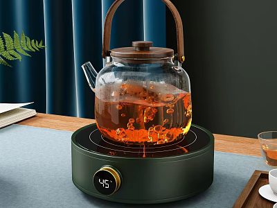 Glass Teapot With Wooden Handle On Green Electric Stove Boiling Tea And Cup 3d model