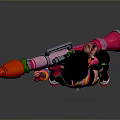 Colorful Haired Character With Pink Weapon And Fantasy Creature On Gray Background