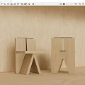 Modern Minimalist Wooden Dining Chairs With Geometric Structure Against Wooden Wall