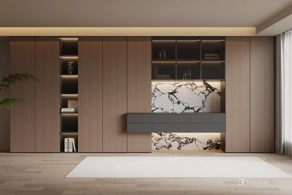 Modern Wooden Bookcase With Open Shelves Glass Doors And Marble Accent Panel 3d model 