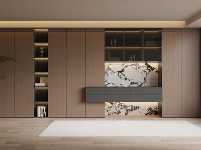 Modern Wooden Bookcase With Open Shelves Glass Doors And Marble Accent Panel 3d model