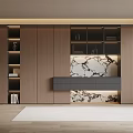 Modern Wooden Bookcase With Open Shelves Glass Doors And Marble Accent Panel