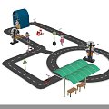 Kindergarten Outdoor Play Area With Mini Road Toy Cars Traffic Signs Canopy And Benches
