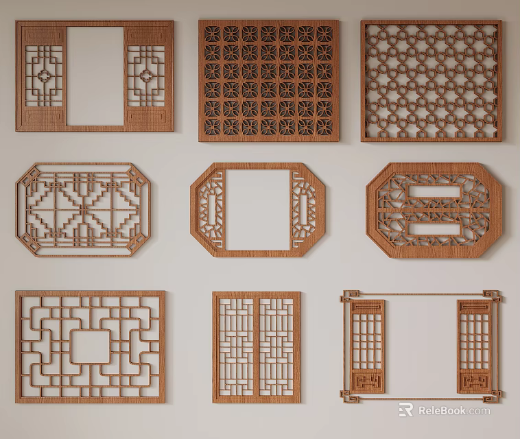 Traditional Carved Wooden Windows With Various Decorative Patterns And Craftsmanship 3d model 
