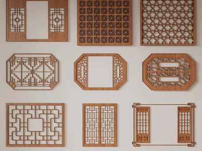 Traditional Carved Wooden Windows With Various Decorative Patterns And Craftsmanship 3d model