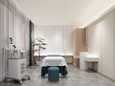 Modern SPA Sauna Treatment Room With Massage Bed Wooden Cabinets And Green Plant 3d model