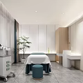 Modern SPA Sauna Treatment Room With Massage Bed Wooden Cabinets And Green Plant