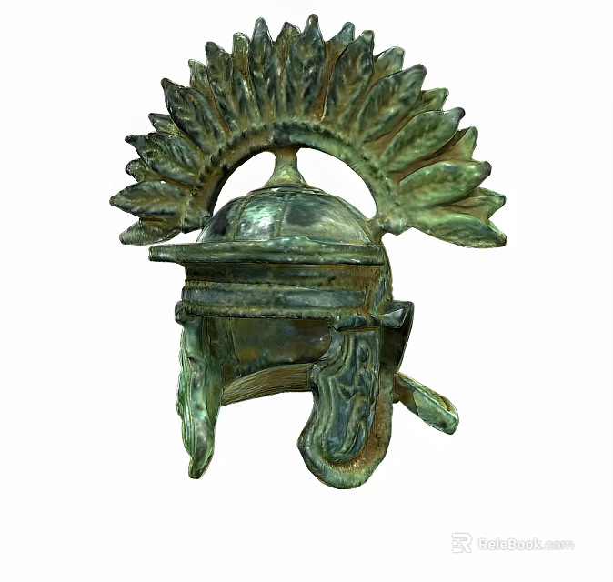 Ancient Greek Bronze Helmet with Feathered Crest and Carved Historical Warrior Armor 3d model 