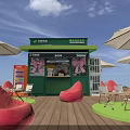 Mixue Green Outdoor Store With Pink Bean Bags White Umbrellas Tables And Wooden Deck