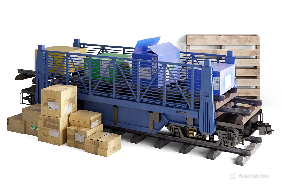 Industrial Equipment With Metal Frame Railings For Handling Cardboard Boxes And Pallets 3d model 