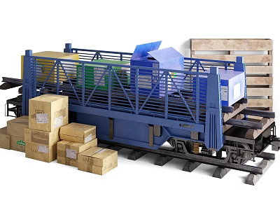 Industrial Equipment With Metal Frame Railings For Handling Cardboard Boxes And Pallets 3d model