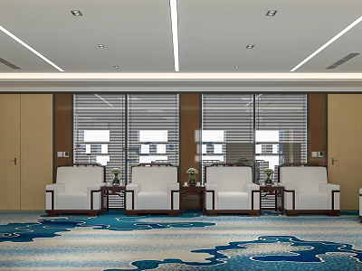 Modern Conference Room Interior With Large Windows White Sofas Wooden Walls And Blue Carpet 3d model