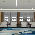 Modern Conference Room Interior With Large Windows White Sofas Wooden Walls And Blue Carpet