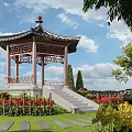 Courtyard Garden Featuring Traditional Chinese Pavilion Stone Steps Colorful Flowers Green Trees And Blue Sky