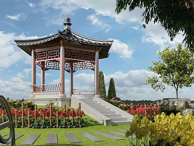 Courtyard Garden Featuring Traditional Chinese Pavilion Stone Steps Colorful Flowers Green Trees And Blue Sky 3d model