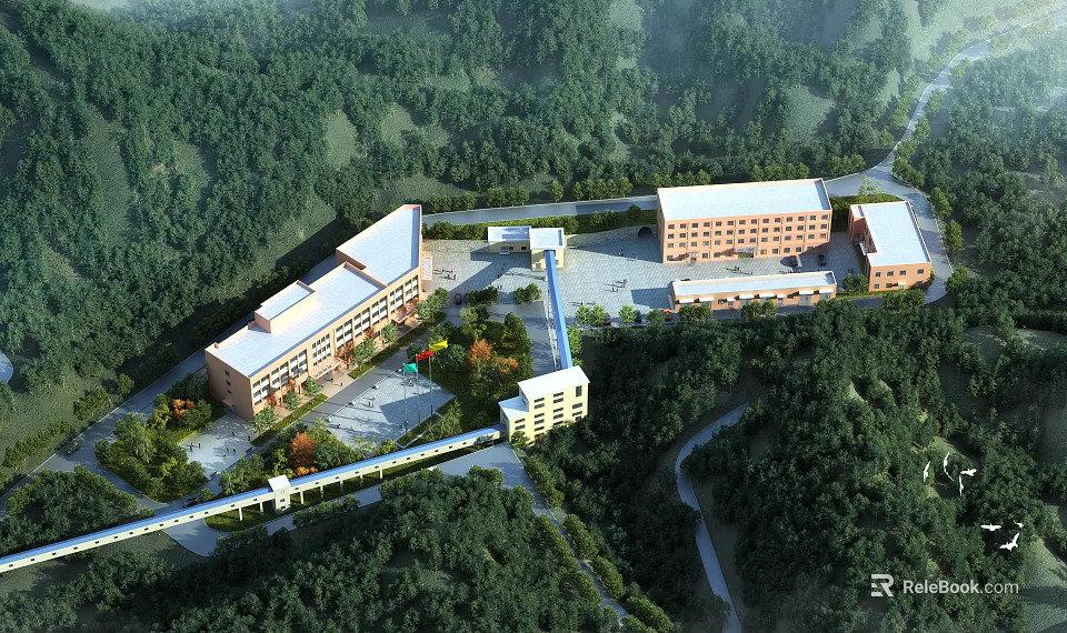 Modern Industrial Factory Complex With Multiple Buildings In Lush Green Forest Environment 3d model 