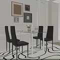 Modern Dining Table Set with Glass Top Metal Frame and Black Chairs 3d model