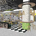 Modern Restaurant Interior With Wooden Structures Green Walls And Dining Tables