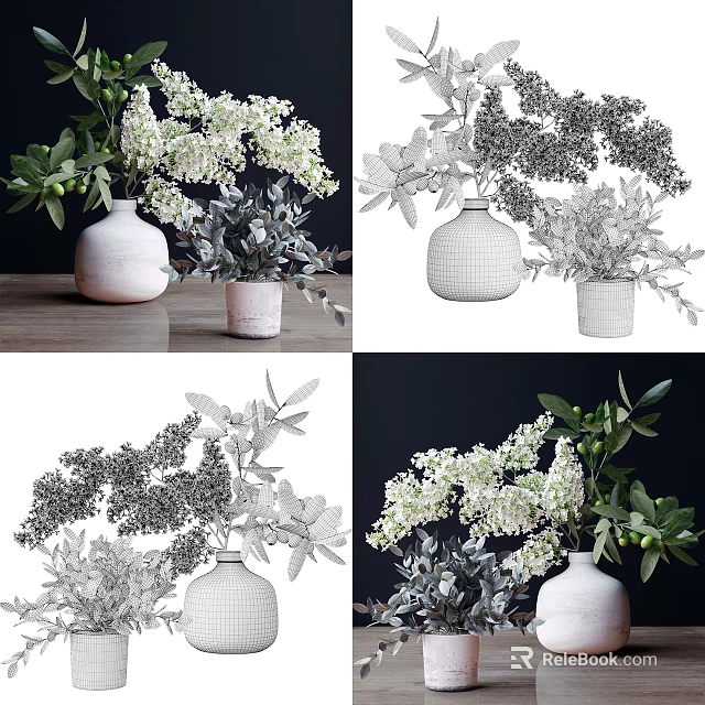 Ceramic Vase With White Flowers And Olive Branches In Minimalist Design Multiple Views 3d model 
