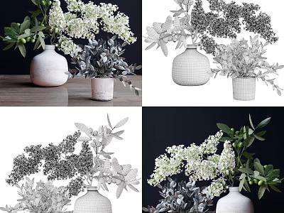 Ceramic Vase With White Flowers And Olive Branches In Minimalist Design Multiple Views 3d model
