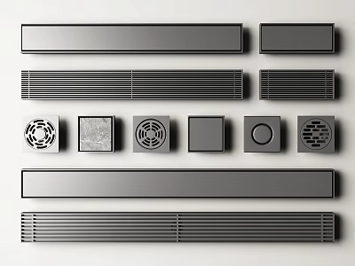 Various Shaped Metallic Building Components With Long Strips Grilled Panels And Circular Square Designs 3d model
