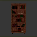 Red Wooden Bookcase With Multiple Shelves Holding Colorful Books And Open Volume