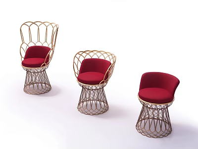 Three Woven Metal Frame Leisure Chairs With Red Cushions And Modern Design 3d model