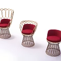 Three Woven Metal Frame Leisure Chairs With Red Cushions And Modern Design