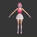 Vibrant Pink Haired Character Wearing Pink Tank Top Rainbow Skirt And Striped Stockings