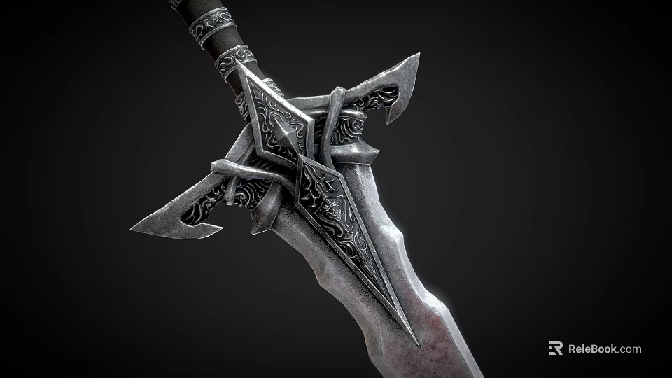 Ornate Medieval Sword With Carved Hilt Guard And Intricate Metal Blade Design 3d model 