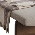 Modern Beige Fabric Ottoman Bench With Wooden Legs And Striped Throw Blanket