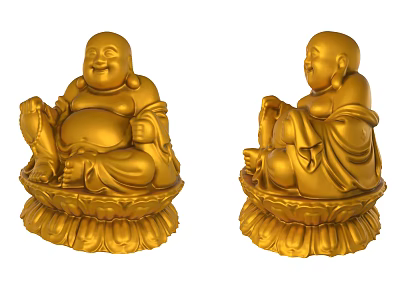 Two Golden Happy Buddha Sculpture Carvings with Lotus Base and Detailed Design 3d model